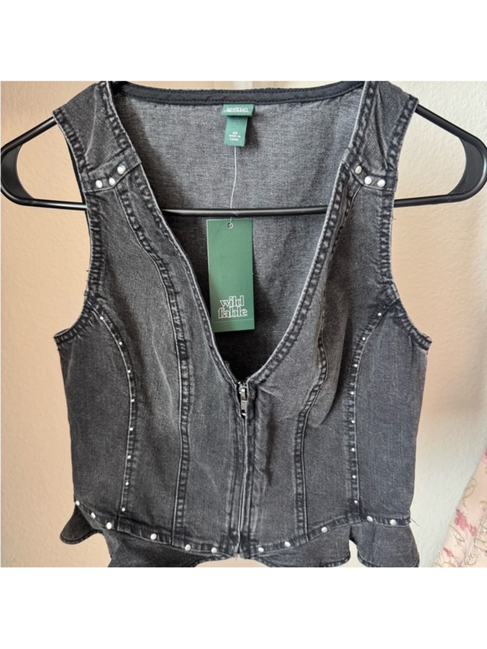 wild fable Black Washed Denim Zip-Front Tank with Stud Accents